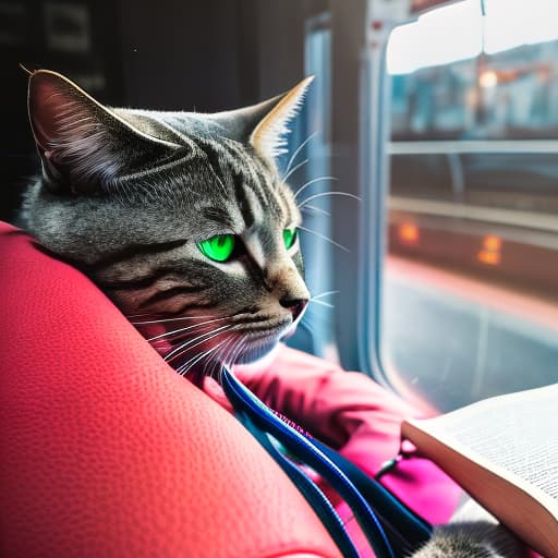 nvinkpunk Realistic image of a cat wearing headphones and reading glasses while riding a bus.hourse hyperrealistic, full body, detailed clothing, highly detailed, cinematic lighting, stunningly beautiful, intricate, sharp focus, f/1. 8, 85mm, (centered image composition), (professionally color graded), ((bright soft diffused light)), volumetric fog, trending on instagram, trending on tumblr, HDR 4K, 8K