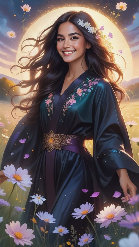  hispanic woman smiling wearing dark robes in a meadow, surrounded by flowers, backlit, petals, hair floating, gorgeous beautiful woman, art by Mschiffer, photo RAW,HD,8K, (Ultra detailed illustration of a person lost in a magical world of wonders, glowy, background, incredibly detailed, pastel colors, night, bioluminescence, ultrarealistic, hyperrealistice, hyperdetailed: shiny aura, highly detailed, intricate motifs, perfect composition, smooth, sharp focus, sparkling particles, background Realistic, (In a captivating art piece, a whimsical virtual regal amoeba blob creature takes center stage. by alex1shved This vibrant  image showcases a charming and charismatic character, reminiscent of a blob-like organism. The virtual creation is brou hyperrealistic, full body, detailed clothing, highly detailed, cinematic lighting, stunningly beautiful, intricate, sharp focus, f/1. 8, 85mm, (centered image composition), (professionally color graded), ((bright soft diffused light)), volumetric fog, trending on instagram, trending on tumblr, HDR 4K, 8K
