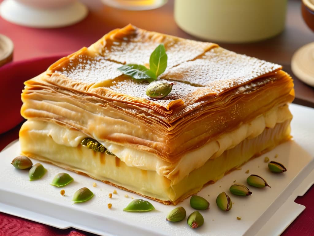  An ultradetailed closeup image of layers of golden, flaky phyllo pastry drenched in rich amber honey, sprinkled with finely chopped pistachios, and delicately dusted with ground cinnamon. The intricate textures of the pastry, the glistening honey, and the vibrant green of the pistachios are captured with such clarity that every crumb and nut fragment is visible, inviting viewers to imagine the delectable flavors and aromas of authentic Baklava. hyperrealistic, full body, detailed clothing, highly detailed, cinematic lighting, stunningly beautiful, intricate, sharp focus, f/1. 8, 85mm, (centered image composition), (professionally color graded), ((bright soft diffused light)), volumetric fog, trending on instagram, trending on tumblr, HDR 4K, 8K