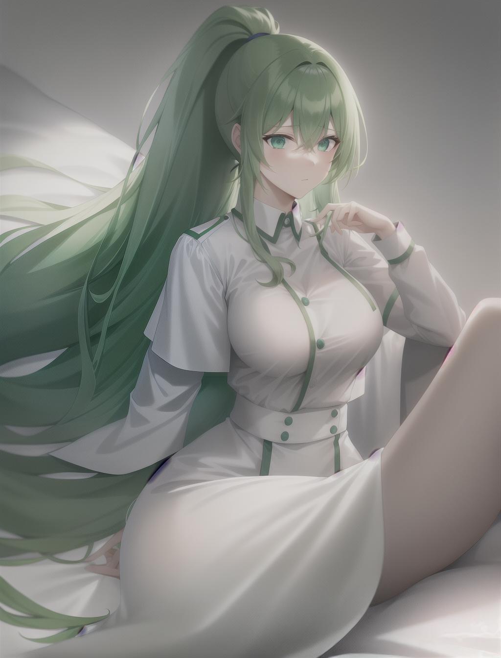  female nurse uniform, large, bedroom scene, very long straight green hair, short ponytail, narrow aqua eyes, personality, scared expression, very pale skin, magical, energetic hyperrealistic, full body, detailed clothing, highly detailed, cinematic lighting, stunningly beautiful, intricate, sharp focus, f/1. 8, 85mm, (centered image composition), (professionally color graded), ((bright soft diffused light)), volumetric fog, trending on instagram, trending on tumblr, HDR 4K, 8K