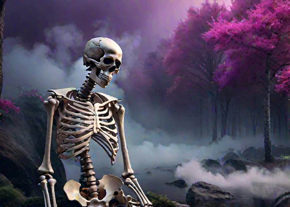  A smoking skeleton, Digital illustration, Modern era, Mixed colors with prominent use of purples, pinks, and earth tones. hyperrealistic, full body, detailed clothing, highly detailed, cinematic lighting, stunningly beautiful, intricate, sharp focus, f/1. 8, 85mm, (centered image composition), (professionally color graded), ((bright soft diffused light)), volumetric fog, trending on instagram, trending on tumblr, HDR 4K, 8K