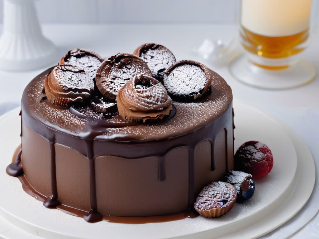  A closeup, ultradetailed image of a decadent chocolate lava cake oozing with rich, velvety chocolate sauce. The cake is perfectly moist, with a glossy sheen, and a dusting of cocoa powder on top. The focus is on the molten center spilling out, capturing the indulgent texture and intense chocolate flavor. The background is a subtle gradient that enhances the cake's deep brown color, creating a minimalistic and elegant composition that exudes sophistication and temptation. hyperrealistic, full body, detailed clothing, highly detailed, cinematic lighting, stunningly beautiful, intricate, sharp focus, f/1. 8, 85mm, (centered image composition), (professionally color graded), ((bright soft diffused light)), volumetric fog, trending on instagram, trending on tumblr, HDR 4K, 8K