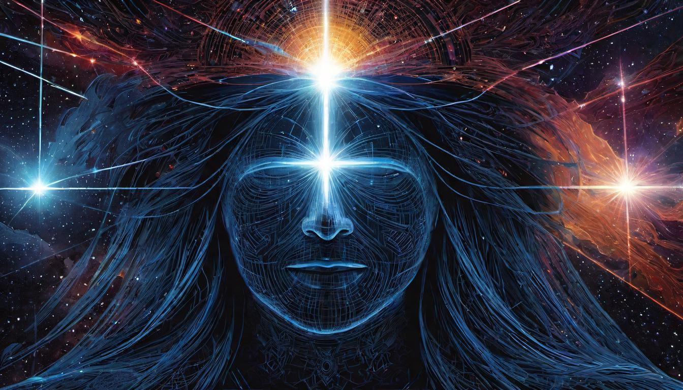  digital illustration, Threads of light connecting a person to the cosmos, sense of purpose, cosmic mission unfolding, beams of light, purposeful, interconnected, looking at viewer, dynamic pose, (intricate details, masterpiece, best quality)