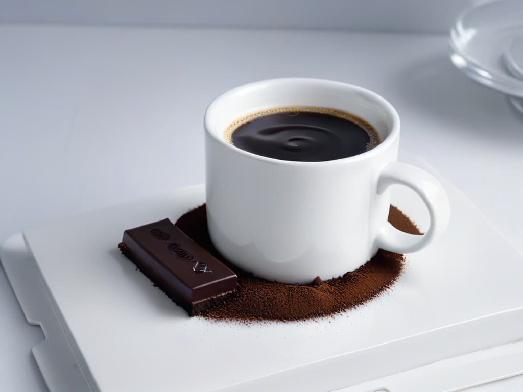  A closeup, ultradetailed image of a steaming cup of rich, dark espresso next to a perfectly tempered piece of luxurious, glossy dark chocolate on a sleek, modern white plate. The espresso's crema is perfectly formed, with tiny bubbles glistening, and the chocolate square reflects the soft light in a way that highlights its texture and sheen. The background is a subtle gradient from light grey to white, enhancing the minimalistic feel of the image. hyperrealistic, full body, detailed clothing, highly detailed, cinematic lighting, stunningly beautiful, intricate, sharp focus, f/1. 8, 85mm, (centered image composition), (professionally color graded), ((bright soft diffused light)), volumetric fog, trending on instagram, trending on tumblr, HDR 4K, 8K