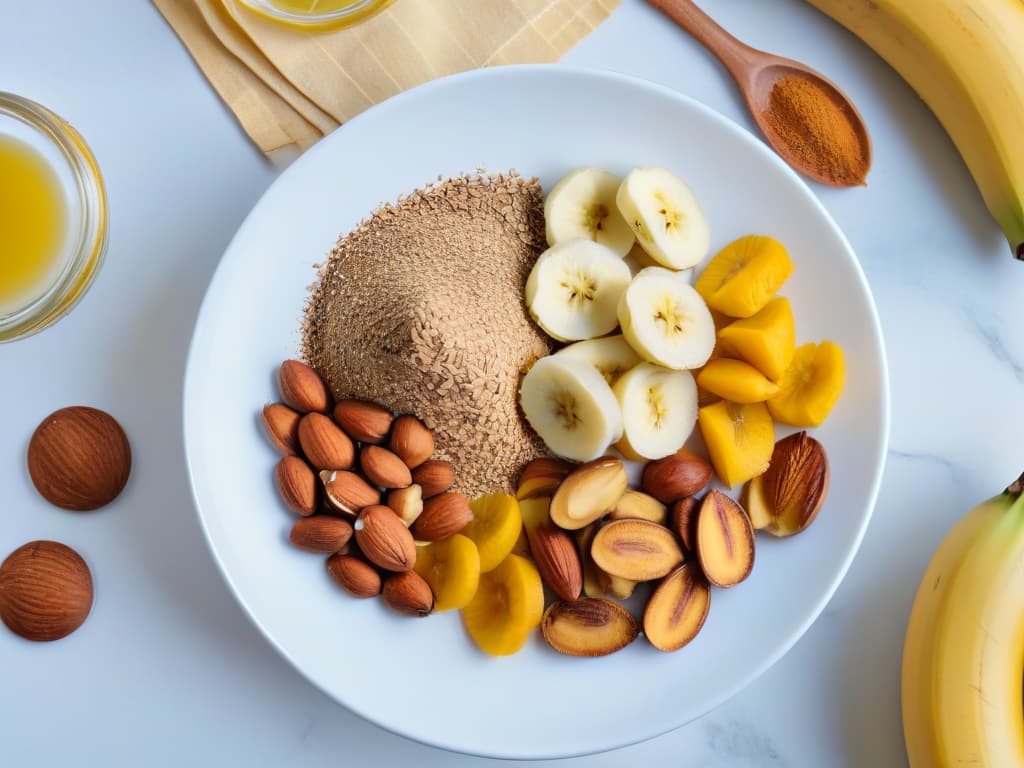  An ultradetailed minimalist illustration showcasing a variety of vegan baking ingredients such as flaxseeds, almond flour, coconut oil, and ripe bananas arranged elegantly on a sleek marble countertop. The image is captured from a topdown perspective, with soft natural lighting highlighting the textures and colors of the ingredients, creating a visually appealing and inviting scene for vegan baking enthusiasts. hyperrealistic, full body, detailed clothing, highly detailed, cinematic lighting, stunningly beautiful, intricate, sharp focus, f/1. 8, 85mm, (centered image composition), (professionally color graded), ((bright soft diffused light)), volumetric fog, trending on instagram, trending on tumblr, HDR 4K, 8K