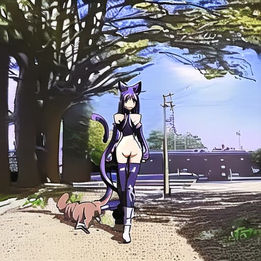  an anime girl with cat ears cat tail cat eyes walking into a realistic world