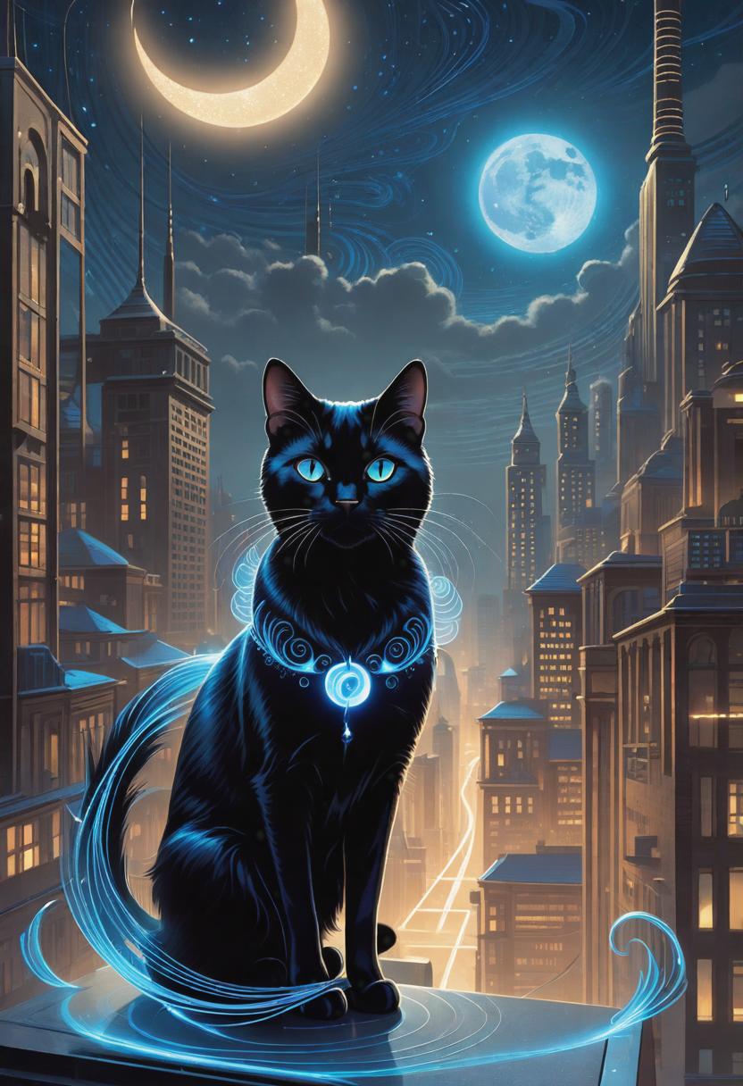  1. A sleek and mischievous black cat gracefully walks across a moonlit rooftop, its eyes glowing with an electric blue ferrofluidic glow. The metallic tendrils of its fur react and dance with the ambient magnetic field, creating a stunning display of swirling patterns in the night.

2. In a futuristic laboratory, a cat with luminescent silver ferrofluid coating slinks between gleaming metallic machinery. The iridescent liquid reacts to the cat's every movement, forming fluidic waves that emit an ethereal glow, casting surreal, otherworldly shadows across the pristine environment.

3. As sunlight streams through a stained glass window of an ancient Gothic cathedral, a regal feline covered in golden ferrofluid prowls amongst the pews. The rad hyperrealistic, full body, detailed clothing, highly detailed, cinematic lighting, stunningly beautiful, intricate, sharp focus, f/1. 8, 85mm, (centered image composition), (professionally color graded), ((bright soft diffused light)), volumetric fog, trending on instagram, trending on tumblr, HDR 4K, 8K