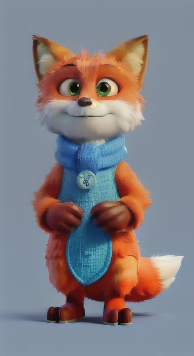  {Error the fox pressing the blue button with his paw, looking puzzled as nothing occurs., Error is a small, bright orange fox with a fluffy tail and big, inquisitive eyes. He has a mischievous yet kind expression and wears a tiny green scarf.