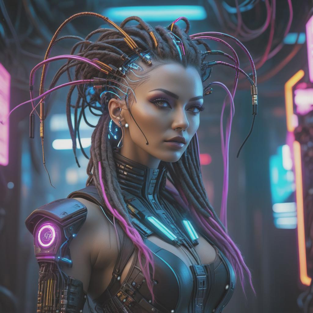  cyberpunk game style A cybernetic woman with many strands of wiring on her head, replacing her hair and resembling dreadlocks. . neon, dystopian, futuristic, digital, vibrant, detailed, high contrast, reminiscent of cyberpunk genre video games hyperrealistic, full body, detailed clothing, highly detailed, cinematic lighting, stunningly beautiful, intricate, sharp focus, f/1. 8, 85mm, (centered image composition), (professionally color graded), ((bright soft diffused light)), volumetric fog, trending on instagram, trending on tumblr, HDR 4K, 8K