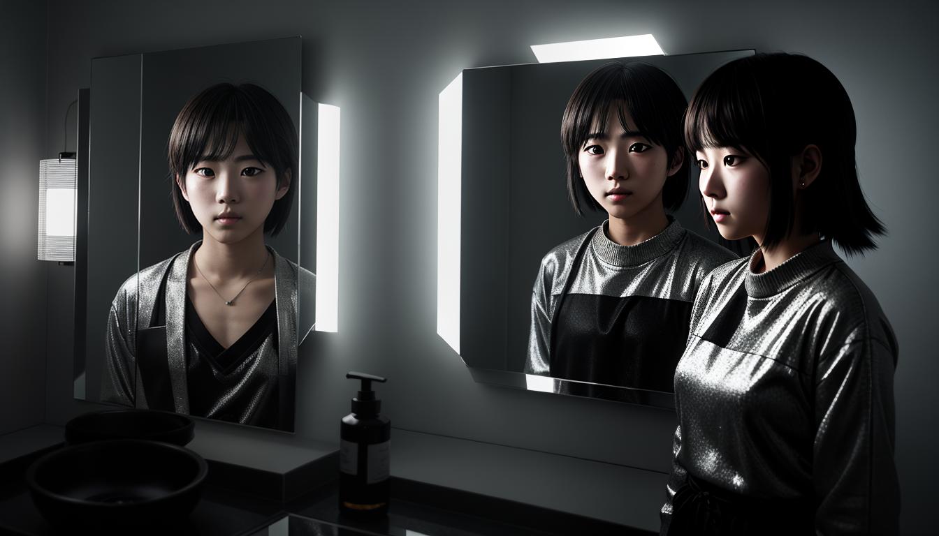  anime aesthetics, cinematic A person looking in the mirror, reflection showing multiple facets of their personality. Mirror surrounded by meaningful symbols. Reflective lighting, introspective mood. Anime Aesthetics, intense characters, nostalgic4k, HDR, lens flare, visually stunning, emotionally evocative