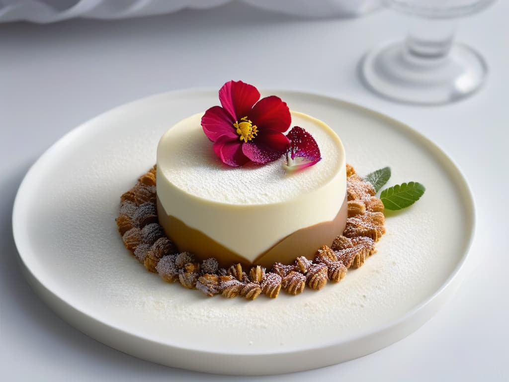  A highresolution photograph showcasing a single elegant, modern dessert plated with artistic precision on a sleek, minimalist dish. The dessert features delicate layers of creamy mousse, adorned with a minimalist garnish of a single edible flower petal, all placed against a stark white backdrop to emphasize the simplicity and sophistication of the dessert. The lighting is soft, highlighting the textures and details of the dessert, creating a visually striking and aesthetically pleasing image that embodies the essence of modern minimalist desserts. hyperrealistic, full body, detailed clothing, highly detailed, cinematic lighting, stunningly beautiful, intricate, sharp focus, f/1. 8, 85mm, (centered image composition), (professionally color graded), ((bright soft diffused light)), volumetric fog, trending on instagram, trending on tumblr, HDR 4K, 8K