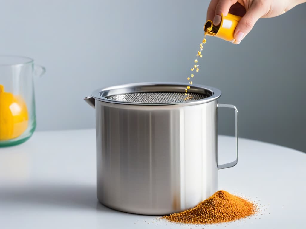  An ultradetailed closeup image of a sleek, stainless steel flour sifter with fine mesh, capturing every intricate detail of its handle, crank, and the delicate sieve, showcasing its modern design and functionality. The lighting highlights the smooth, reflective surface, emphasizing its premium quality and professional craftsmanship. hyperrealistic, full body, detailed clothing, highly detailed, cinematic lighting, stunningly beautiful, intricate, sharp focus, f/1. 8, 85mm, (centered image composition), (professionally color graded), ((bright soft diffused light)), volumetric fog, trending on instagram, trending on tumblr, HDR 4K, 8K