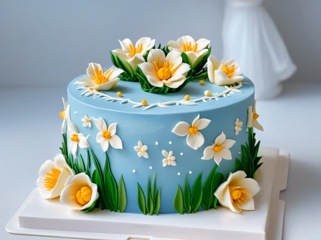  A closeup, ultradetailed image of a beautifully crafted fondant cake adorned with intricate sugar flowers and delicate piping designs, showcasing the artistry and precision of advanced pastry techniques. The cake is set against a clean, minimalistic backdrop, emphasizing the intricate details and skill required to create such a masterpiece. hyperrealistic, full body, detailed clothing, highly detailed, cinematic lighting, stunningly beautiful, intricate, sharp focus, f/1. 8, 85mm, (centered image composition), (professionally color graded), ((bright soft diffused light)), volumetric fog, trending on instagram, trending on tumblr, HDR 4K, 8K