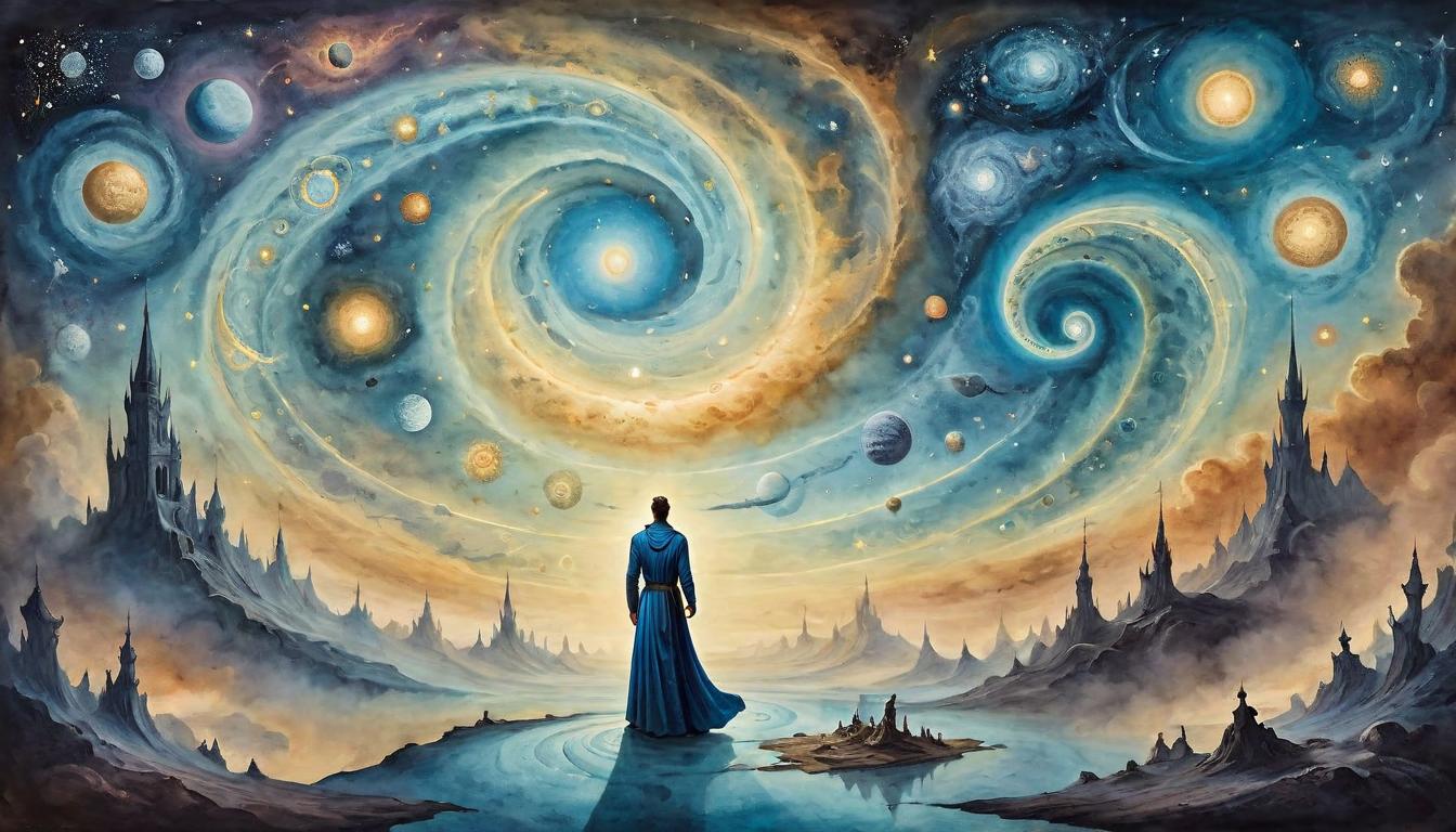  on parchment, surrealism+++, A vast cosmic expanse with swirling galaxies, awaiting a central figure, open arms, welcoming, expectant, ready(mysterious, provocative, symbolic,muted color)+++