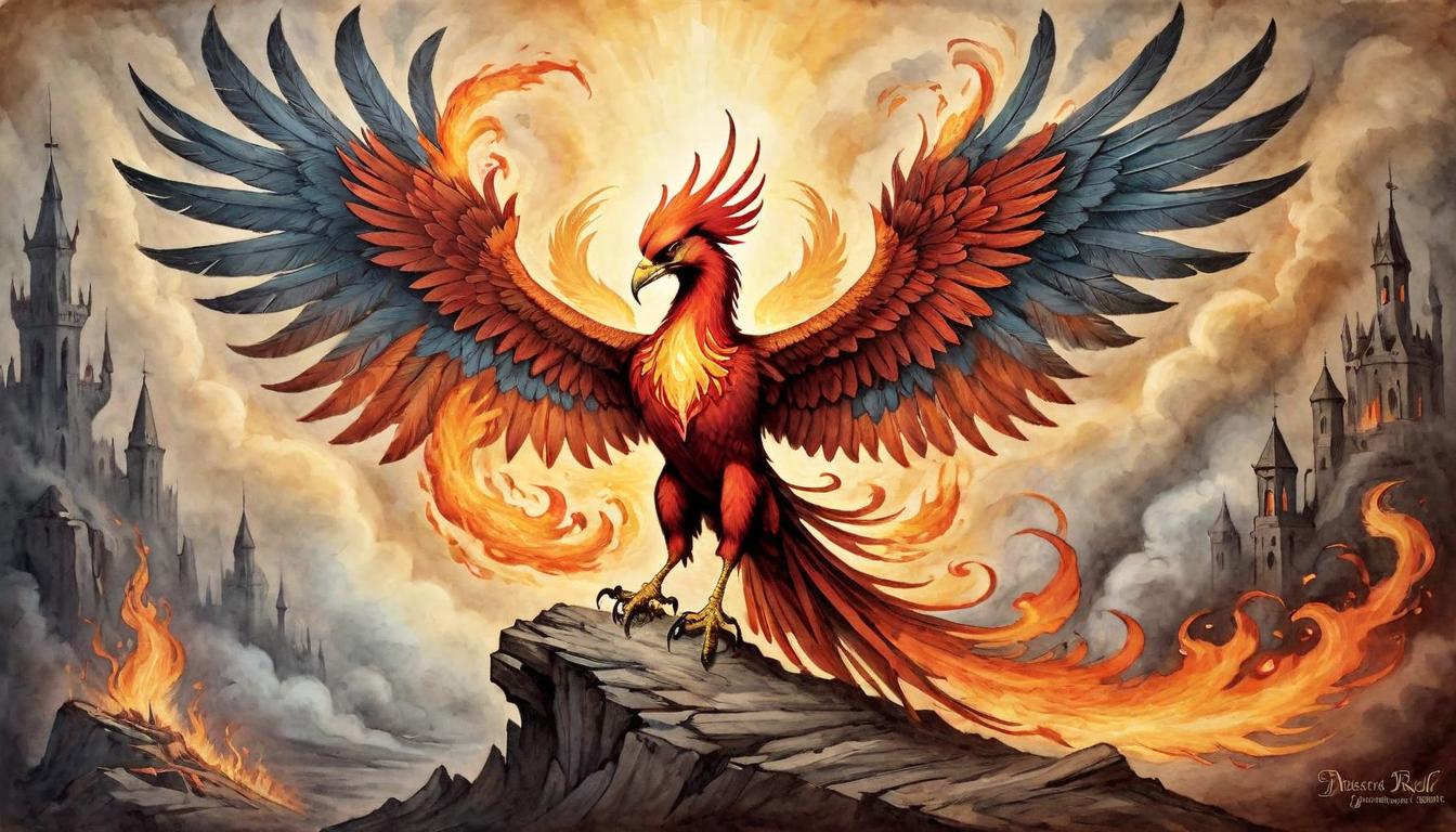  on parchment, surrealism+++, Phoenix rising from the ashes, wings outstretched and glowing with fiery intensity, representing rebirth, resurrection, powerful, dynamic(mysterious, provocative, symbolic,muted color)+++