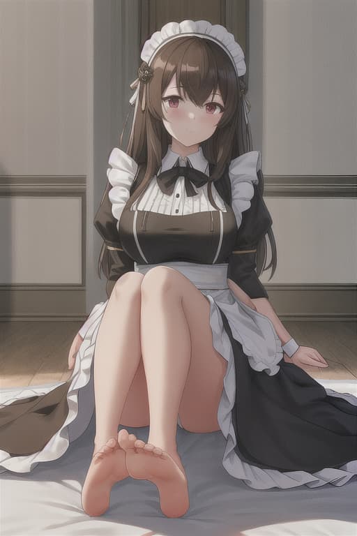  (score 9,score 8 up,score 7 up,),1girl,solo,maid,maid headdress,looking at viewer,apron,brown hair,indoors,black hair,bare foot,feet focus,two feet hyperrealistic, full body, detailed clothing, highly detailed, cinematic lighting, stunningly beautiful, intricate, sharp focus, f/1. 8, 85mm, (centered image composition), (professionally color graded), ((bright soft diffused light)), volumetric fog, trending on instagram, trending on tumblr, HDR 4K, 8K