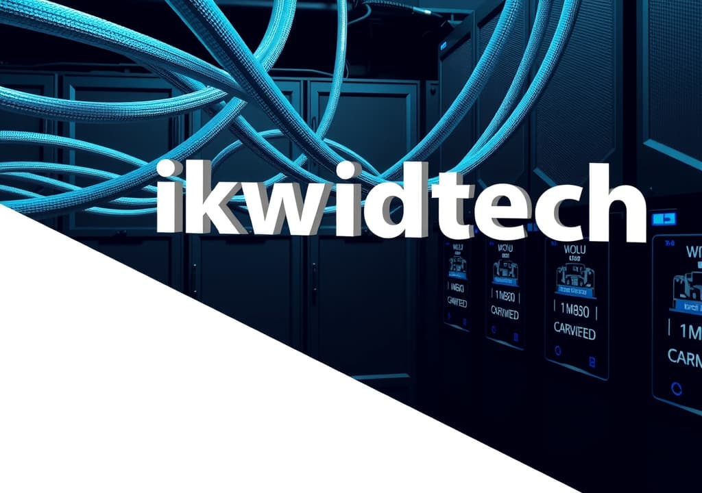  good quality, high quality, make a logo with the name "ikwidtech" in it with servers and fiber optic networking cables and technical things like servers in the background