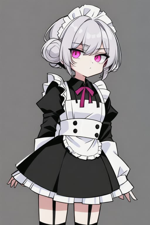  The face is cool, boyish, the gender is a woman, the clothes are in a maid clothes, the more mini skirts, the soybean, the hairstyle, the hairstyle, the hair color is silver hair, and the are one. Only books, wear garter belts, hair quality are natural perm, hair tips are crumbled, skirts are too short, pink are visible, clothes are maid clothes, eyes are red. , Panchira