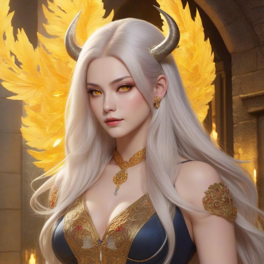  An ultra-detailed digital illustration of original character woman, pale skin, long hair, yellow eyes, neat demonic horns, crystal demon, elegant the hairstyle like is Raiden Mei at full height . Full body