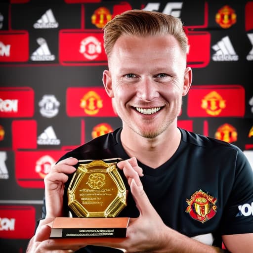 portrait+ style A photo of Erlin Haaland in Manchester united shirt holding premier league golden boot award with a banner at the top saying "top scorer"2024 season