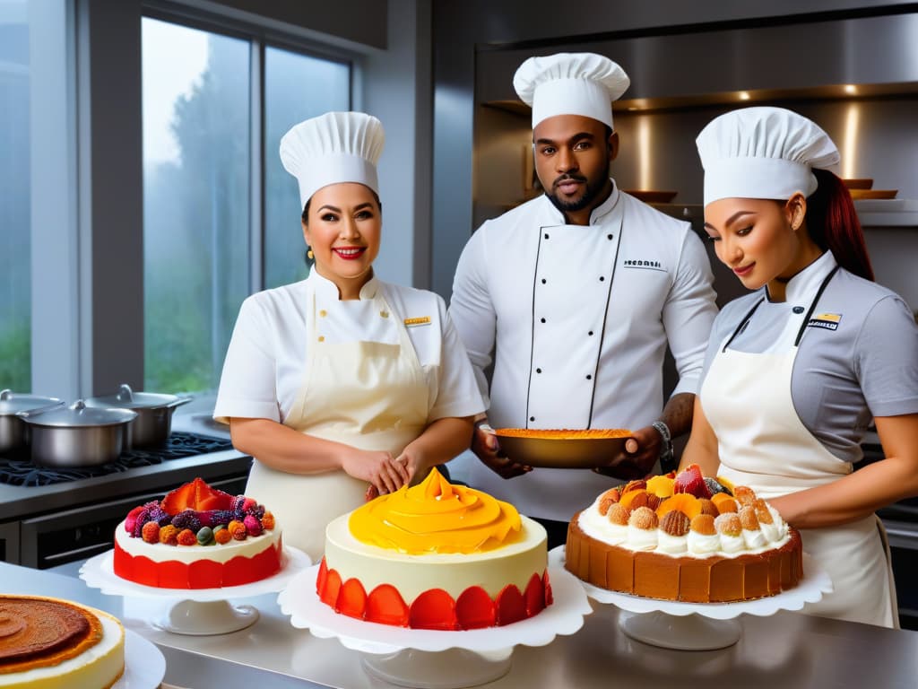  A photorealistic image of a diverse group of professional bakers in a modern kitchen setting, each passionately working on their own unique and intricate pastry creations. The image showcases a wide array of colorful ingredients, advanced baking tools, and a hightech oven in the background, all illuminated by soft natural light filtering through large windows. Each baker is fully focused, showcasing a mix of concentration, creativity, and teamwork as they collaborate to create a truly spectacular dessert masterpiece. hyperrealistic, full body, detailed clothing, highly detailed, cinematic lighting, stunningly beautiful, intricate, sharp focus, f/1. 8, 85mm, (centered image composition), (professionally color graded), ((bright soft diffused light)), volumetric fog, trending on instagram, trending on tumblr, HDR 4K, 8K