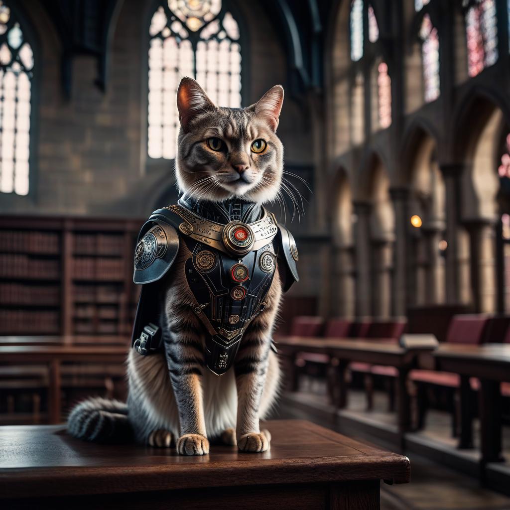  cinematic film still "Cyborg cat at Hogwarts School. Cyborg teacher." . shallow depth of field, vignette, highly detailed, high budget, bokeh, cinemascope, moody, epic, gorgeous, film grain, grainy hyperrealistic, full body, detailed clothing, highly detailed, cinematic lighting, stunningly beautiful, intricate, sharp focus, f/1. 8, 85mm, (centered image composition), (professionally color graded), ((bright soft diffused light)), volumetric fog, trending on instagram, trending on tumblr, HDR 4K, 8K