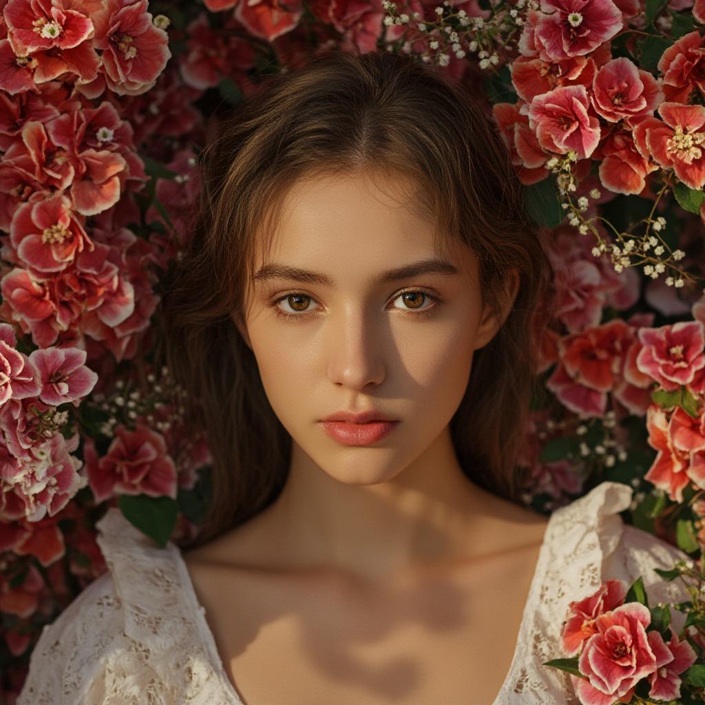  a realistic portrait of a young woman surrounded by a vibrant bouquet of flowers. the light is soft and natural, highlighting the delicate details of her face and the intricate textures of the blossoms. the composition is balanced, with a sense of intimacy and quiet beauty. high quality photorealistic details, soft focus, natural lighting, muted colors. hyperrealistic, full body, detailed clothing, highly detailed, cinematic lighting, stunningly beautiful, intricate, sharp focus, f/1. 8, 85mm, (centered image composition), (professionally color graded), ((bright soft diffused light)), volumetric fog, trending on instagram, trending on tumblr, HDR 4K, 8K