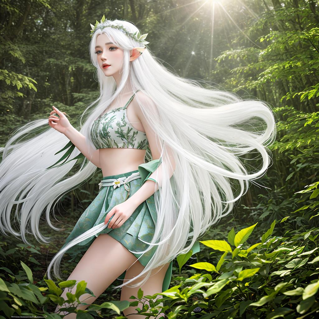  masterpiece, best quality, (masterpiece, best quality, high quality, super detail), realism, 1 sweet , bigger,(side id:1.1), long hair,((white hair)), leaf hair accessory, elf, green eyes, pale skin, body, jewelry, celet,(away from sight:1.2),(hair floating:1.3), from the side,(in forest:1.3),(lens flare from right:1.2)