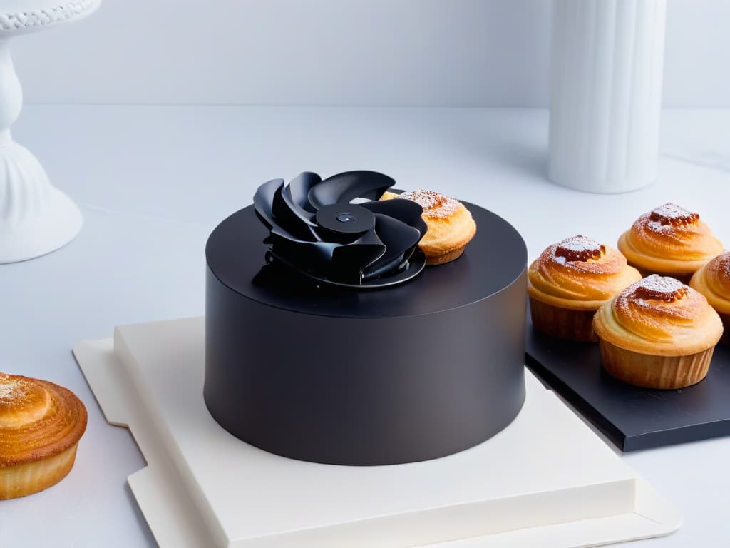  A sleek, minimalistic image of a modern kitchen countertop with a highquality cooling fan quietly circulating air around freshly baked pastries and cakes. The fan is elegantly designed in a matte black finish, blending seamlessly into the sophisticated kitchen decor. The pastries are beautifully presented on a marble platter, showcasing their perfect texture and golden crust. The soft, ambient lighting enhances the calming atmosphere, emphasizing the importance of precise cooling for exquisite pastry creations. hyperrealistic, full body, detailed clothing, highly detailed, cinematic lighting, stunningly beautiful, intricate, sharp focus, f/1. 8, 85mm, (centered image composition), (professionally color graded), ((bright soft diffused light)), volumetric fog, trending on instagram, trending on tumblr, HDR 4K, 8K