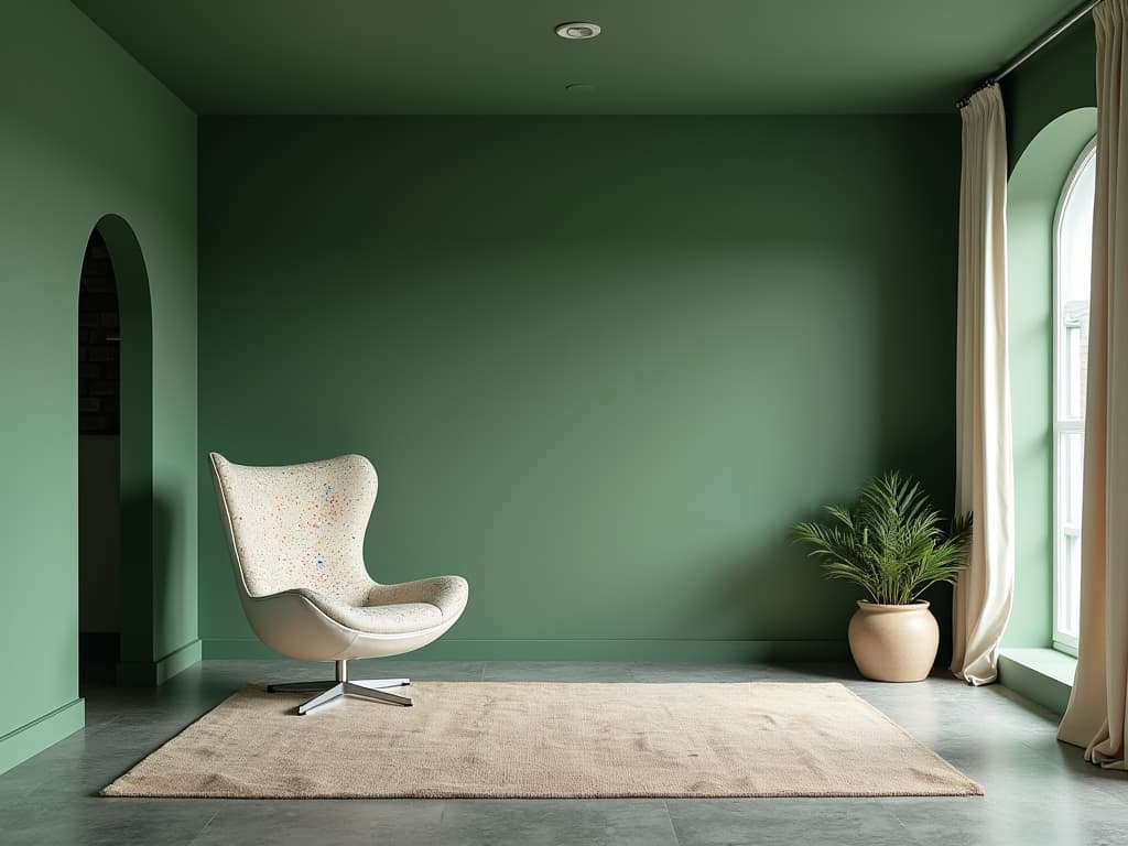  this editorial photography captures a modern living room designed for relaxation and entertainment. the space is showcased through an extreme wide shot using an ultra wide angle lens (14mm f/2.8), emphasizing its breadth and the sleek minimalism of its decor. the walls are painted in a calming moss green (rgb 173, 223, 173; #99d298), providing a serene backdrop. a standout feature is the modern chair with a minimalist design, featuring a white seat and backrest adorned with colorful speckles, and a chrome frame that enhances the contemporary feel. the room also includes architectural and furniture elements with intricate fractal patterns, adding a layer of sophisticated detail to the minimalist aesthetic. hyperrealistic, full body, detailed clothing, highly detailed, cinematic lighting, stunningly beautiful, intricate, sharp focus, f/1. 8, 85mm, (centered image composition), (professionally color graded), ((bright soft diffused light)), volumetric fog, trending on instagram, trending on tumblr, HDR 4K, 8K