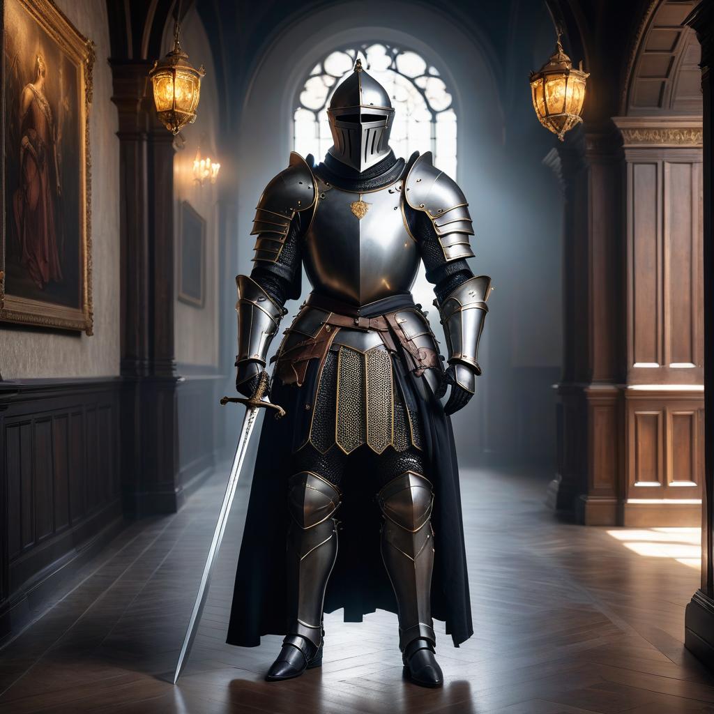  Renaissance style A knight of Death holds an alabard. He wears a living suit of armor, completely black. He stands in the hall. . realistic, perspective, light and shadow, religious or mythological themes, highly detailed hyperrealistic, full body, detailed clothing, highly detailed, cinematic lighting, stunningly beautiful, intricate, sharp focus, f/1. 8, 85mm, (centered image composition), (professionally color graded), ((bright soft diffused light)), volumetric fog, trending on instagram, trending on tumblr, HDR 4K, 8K