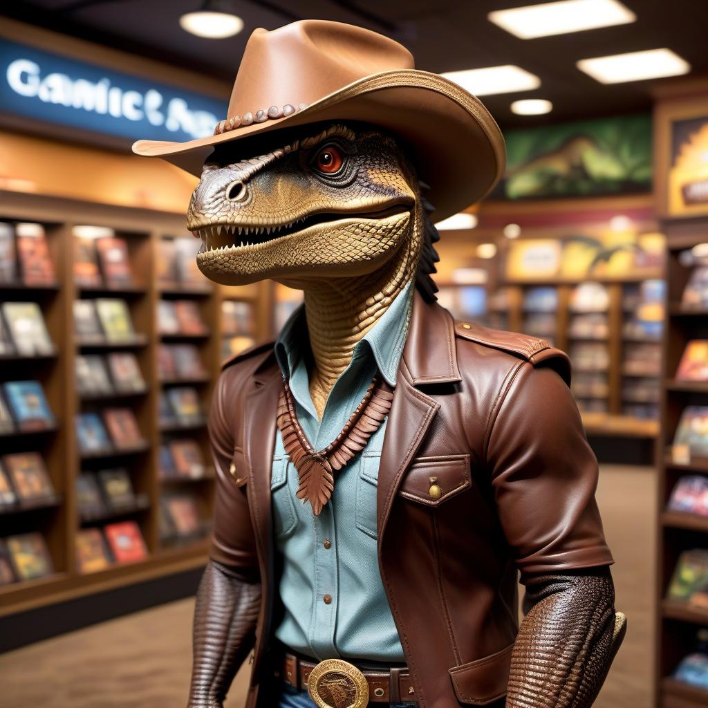  Luxury product style A raptor dinosaur wearing a brown leather cowboy hat and a Hawaiian shirt is smiling, comic style, against a background of a game store with discs. . Elegant, sophisticated, high end, luxurious, professional, highly detailed hyperrealistic, full body, detailed clothing, highly detailed, cinematic lighting, stunningly beautiful, intricate, sharp focus, f/1. 8, 85mm, (centered image composition), (professionally color graded), ((bright soft diffused light)), volumetric fog, trending on instagram, trending on tumblr, HDR 4K, 8K