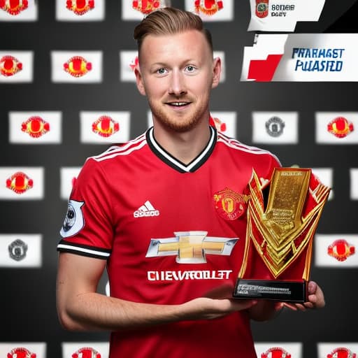 portrait+ style A photo of Erlin Haaland in Manchester united shirt holding premier league golden boot award with a banner at the top saying "top scorer"2024 season