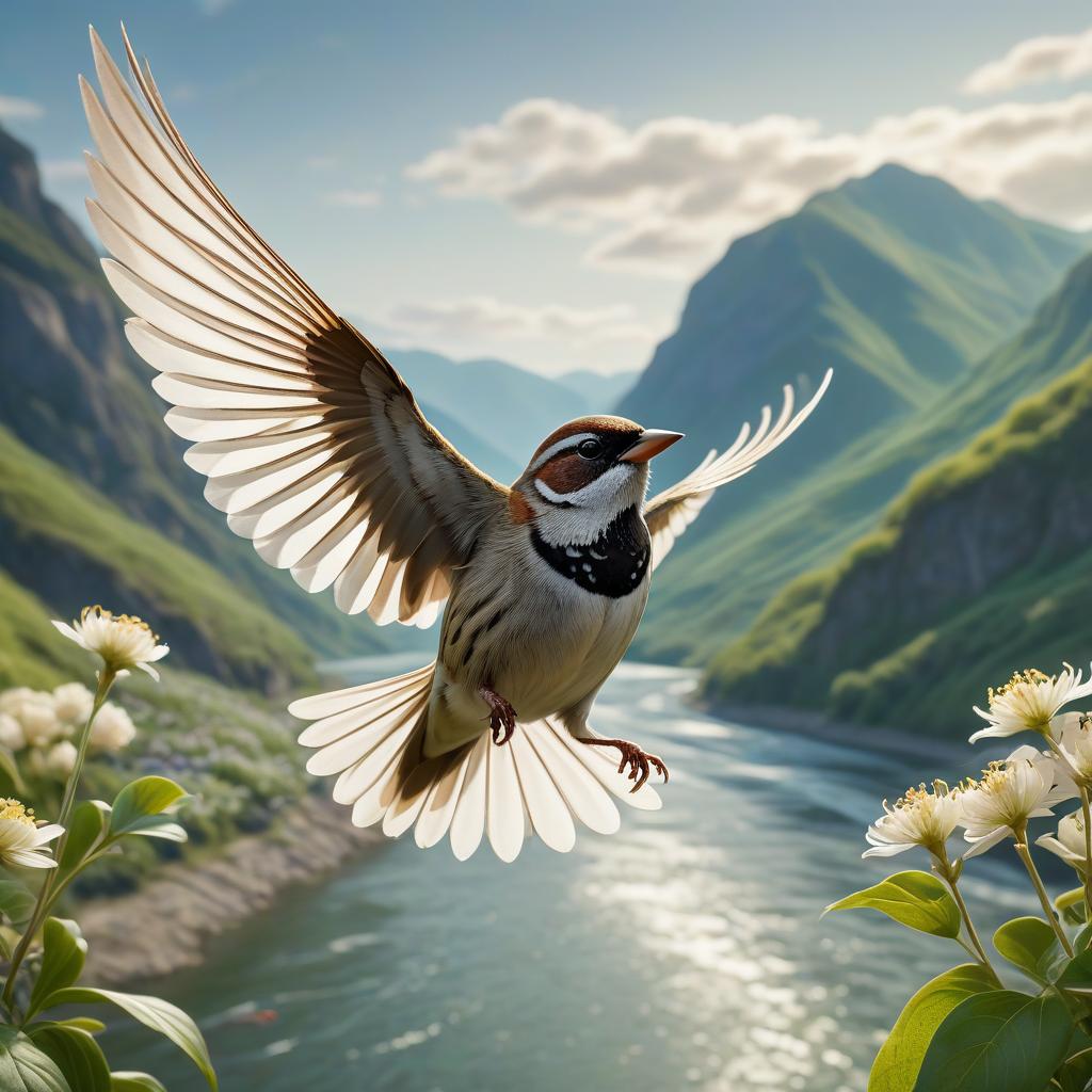  Art Nouveau style A small sparrow with open wings flies close up directly at the viewer. Below him are green mountains and a river with a thin strip of flowers . elegant, decorative, curvilinear forms, nature inspired, ornate, detailed hyperrealistic, full body, detailed clothing, highly detailed, cinematic lighting, stunningly beautiful, intricate, sharp focus, f/1. 8, 85mm, (centered image composition), (professionally color graded), ((bright soft diffused light)), volumetric fog, trending on instagram, trending on tumblr, HDR 4K, 8K