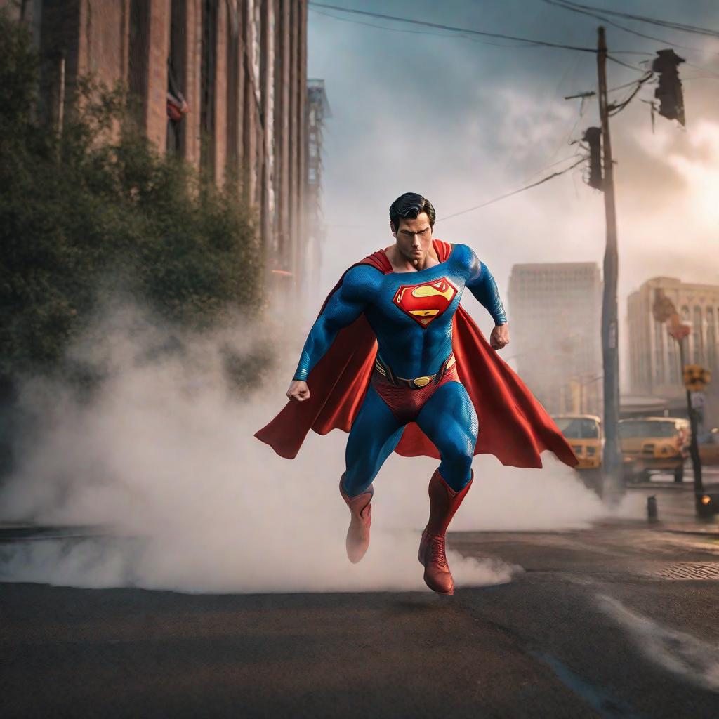  Superman hyperrealistic, full body, detailed clothing, highly detailed, cinematic lighting, stunningly beautiful, intricate, sharp focus, f/1. 8, 85mm, (centered image composition), (professionally color graded), ((bright soft diffused light)), volumetric fog, trending on instagram, trending on tumblr, HDR 4K, 8K