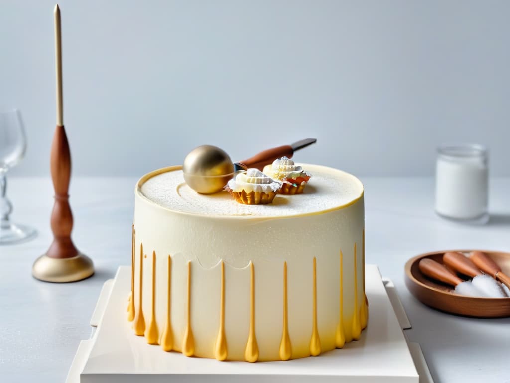  A sleek, minimalist image showcasing an array of highend baking tools and utensils, such as a marble rolling pin, gold measuring cups, a designer cake stand, and a set of elegant pastry brushes. The background is a soft muted color to enhance the luxurious and sophisticated feel of the image, perfect for a highend chocolate and hazelnut cake recipe. hyperrealistic, full body, detailed clothing, highly detailed, cinematic lighting, stunningly beautiful, intricate, sharp focus, f/1. 8, 85mm, (centered image composition), (professionally color graded), ((bright soft diffused light)), volumetric fog, trending on instagram, trending on tumblr, HDR 4K, 8K