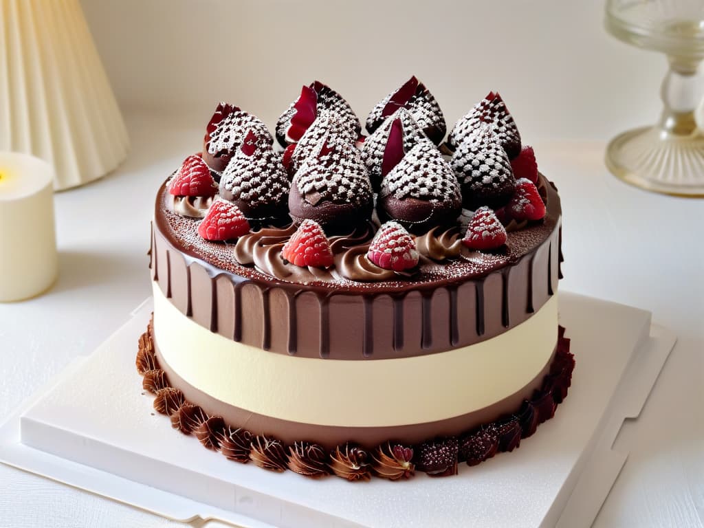  An ultradetailed photorealistic image of a decadent chocolate truffle cake, with multiple layers of rich, moist chocolate cake filled with smooth chocolate ganache and topped with a generous amount of chocolate shavings and fresh raspberries. The cake is elegantly displayed on a pristine white cake stand, with soft natural lighting accentuating the glossy sheen of the ganache and the vibrant red of the raspberries. The intricate details of the cake, from the delicate crumb texture of the cake layers to the glossy finish of the ganache, are captured in stunning clarity, making the viewer almost able to taste the rich, indulgent flavors of the dessert. hyperrealistic, full body, detailed clothing, highly detailed, cinematic lighting, stunningly beautiful, intricate, sharp focus, f/1. 8, 85mm, (centered image composition), (professionally color graded), ((bright soft diffused light)), volumetric fog, trending on instagram, trending on tumblr, HDR 4K, 8K