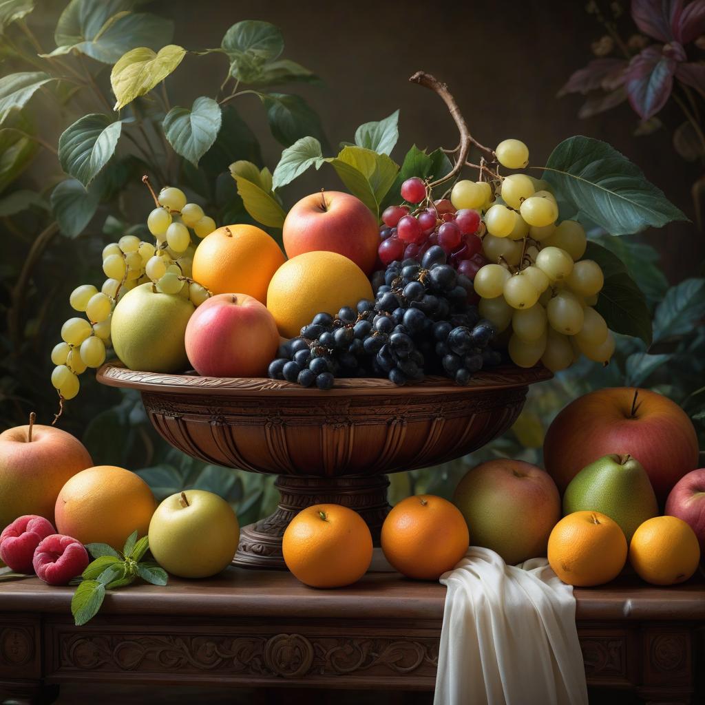  Art Nouveau style fruit is a still life painted in broad strokes in the Flemish style of the 17th century by the artist Paul Rubens . elegant, decorative, curvilinear forms, nature inspired, ornate, detailed hyperrealistic, full body, detailed clothing, highly detailed, cinematic lighting, stunningly beautiful, intricate, sharp focus, f/1. 8, 85mm, (centered image composition), (professionally color graded), ((bright soft diffused light)), volumetric fog, trending on instagram, trending on tumblr, HDR 4K, 8K