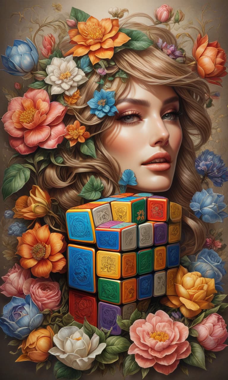  Drawing on watercolor paper. Image of a fully assembled correct Rubik's cube:: (9 squares) on each face. The faces (depict) flowers. Simple, austere, intense, creative. Background:: aged paper with embossing. Thin lines of mysticism and magic. Stylistics: plateresco. In the manner of James Christensen. High quality. hyperrealistic, full body, detailed clothing, highly detailed, cinematic lighting, stunningly beautiful, intricate, sharp focus, f/1. 8, 85mm, (centered image composition), (professionally color graded), ((bright soft diffused light)), volumetric fog, trending on instagram, trending on tumblr, HDR 4K, 8K