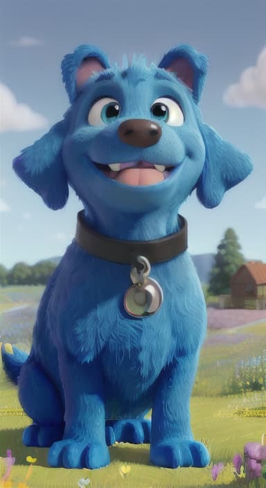  {A happy, big blue dog wagging its tail in a colorful meadow, The big blue dog is large with sky blue fur, big round eyes, a black nose, and floppy ears.