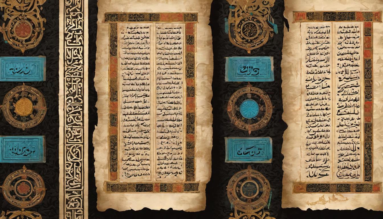  digital painting of Ancient scrolls and modern screens displayed side by side, filled with Arabic calligraphy and scholarly annotations. Debate, tradition versus innovation, scholarly engagement, detailed, vibrant looking at viewer, dynamic pose, (intricate details, masterpiece, best quality)