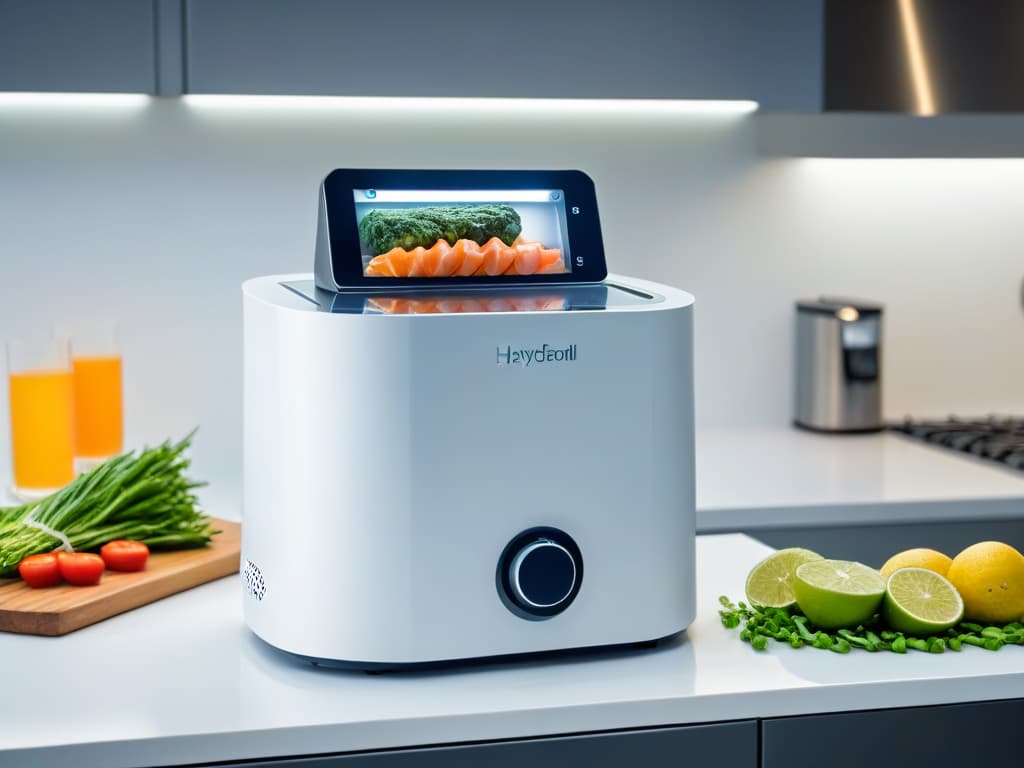  An ultradetailed 8k image of a sleek, modern sous vide machine in a minimalist kitchen setting, featuring clean lines, a digital display, and subtle ambient lighting to evoke a sense of precision and sophistication. hyperrealistic, full body, detailed clothing, highly detailed, cinematic lighting, stunningly beautiful, intricate, sharp focus, f/1. 8, 85mm, (centered image composition), (professionally color graded), ((bright soft diffused light)), volumetric fog, trending on instagram, trending on tumblr, HDR 4K, 8K