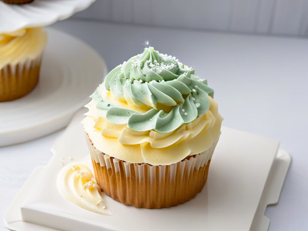  A closeup, ultradetailed photograph of a delicate, perfectly frosted cupcake with a piped swirl of pastel buttercream on top. The cupcake sits on a modern, sleek white plate, showcasing intricate details like tiny sugar pearls adorning the frosting and a dusting of edible glitter catching the light. The background is a soft focus blur, emphasizing the meticulous craftsmanship of the dessert and creating a serene, minimalist composition that exudes elegance and sophistication. hyperrealistic, full body, detailed clothing, highly detailed, cinematic lighting, stunningly beautiful, intricate, sharp focus, f/1. 8, 85mm, (centered image composition), (professionally color graded), ((bright soft diffused light)), volumetric fog, trending on instagram, trending on tumblr, HDR 4K, 8K