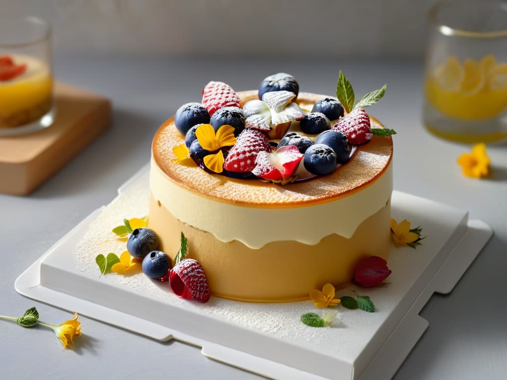  A minimalist and highly detailed image of a delicate and intricate glutenfree dessert masterpiece, showcasing layers of a perfectly baked sponge cake, smooth and glossy glaze, and meticulously placed fresh berries and edible flowers on top. The dessert is elegantly presented on a simple, white porcelain plate, set against a soft, blurred background that enhances the vibrant colors and textures of the dish. The focus is on the impeccable craftsmanship and artistry of the dessert, highlighting the precision and skill required to create such a visually stunning and delectable glutenfree treat. hyperrealistic, full body, detailed clothing, highly detailed, cinematic lighting, stunningly beautiful, intricate, sharp focus, f/1. 8, 85mm, (centered image composition), (professionally color graded), ((bright soft diffused light)), volumetric fog, trending on instagram, trending on tumblr, HDR 4K, 8K