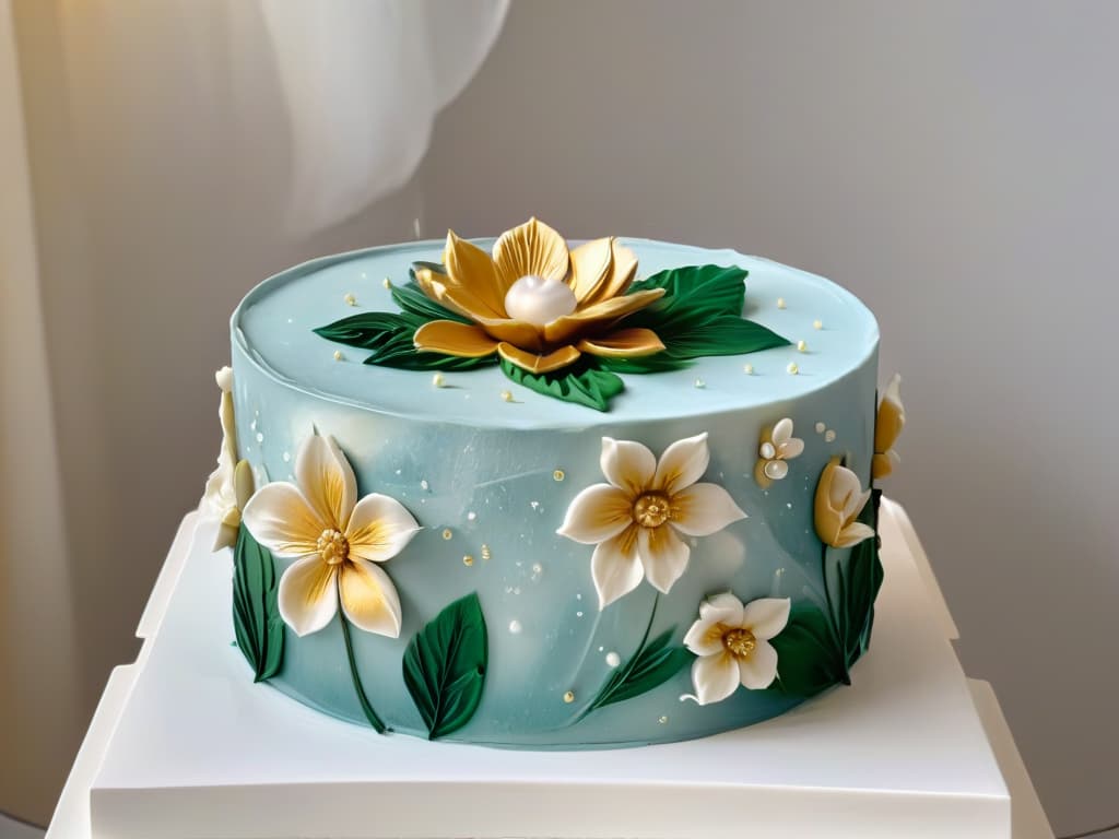  A closeup, ultradetailed image of a delicate fondant flower being meticulously painted with edible gold paint, showcasing intricate brush strokes and shimmering details. The flower rests on a pristine white fondant cake, with soft natural light gently illuminating the scene to highlight the precision and artistry of the painter. hyperrealistic, full body, detailed clothing, highly detailed, cinematic lighting, stunningly beautiful, intricate, sharp focus, f/1. 8, 85mm, (centered image composition), (professionally color graded), ((bright soft diffused light)), volumetric fog, trending on instagram, trending on tumblr, HDR 4K, 8K