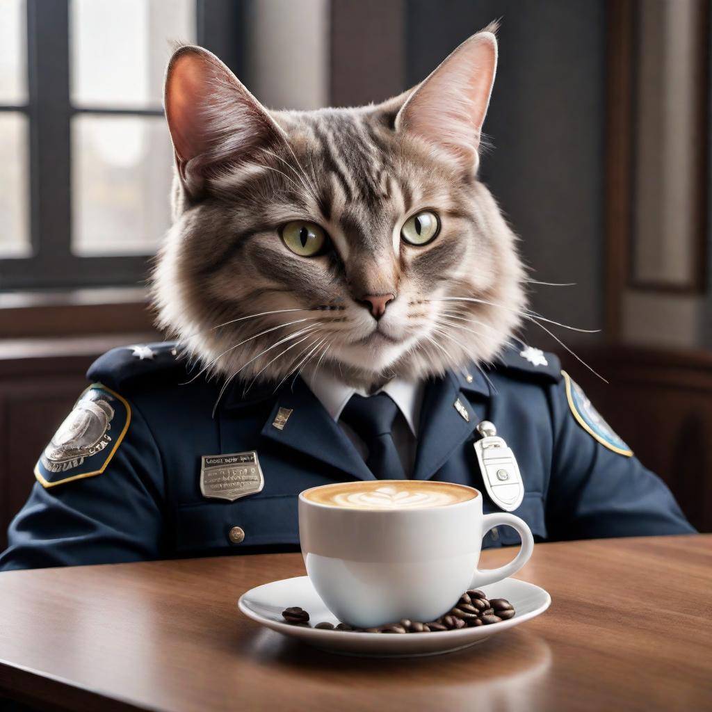  A whimsical meme featuring a cat with a very human-like appearance, dressed in a police uniform, sitting at a table. The cat is holding a handgun and a coffee mug. The caption at the top says 'I HAVEN'T HAD MY COFFEE YET' and at the bottom 'DON'T PURRR-SUE ME'. The meme plays on the phrase 'don't pursue me' with a humorous twist, replacing 'pursue' with 'purr-sue,' referencing the sound that cats make. It's a fun and light-hearted meme that brings a smile. hyperrealistic, full body, detailed clothing, highly detailed, cinematic lighting, stunningly beautiful, intricate, sharp focus, f/1. 8, 85mm, (centered image composition), (professionally color graded), ((bright soft diffused light)), volumetric fog, trending on instagram, trending on tumblr, HDR 4K, 8K