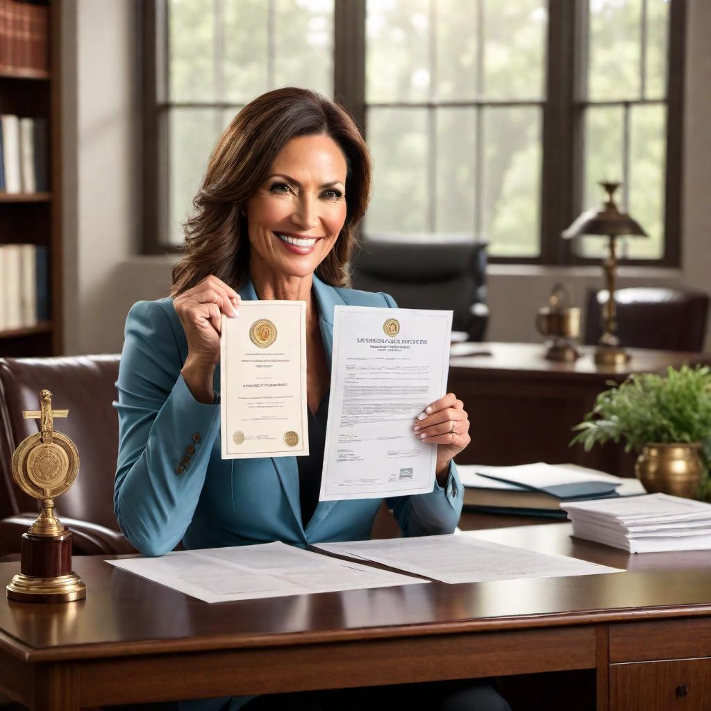  A happy and relieved woman in her 40s, holding legal settlement papers with a medical emblem in the background. She is sitting at a desk in a warmly lit room, with images of family and friends on the desk symbolizing support and triumph after winning a medical malpractice lawsuit settlement. hyperrealistic, full body, detailed clothing, highly detailed, cinematic lighting, stunningly beautiful, intricate, sharp focus, f/1. 8, 85mm, (centered image composition), (professionally color graded), ((bright soft diffused light)), volumetric fog, trending on instagram, trending on tumblr, HDR 4K, 8K