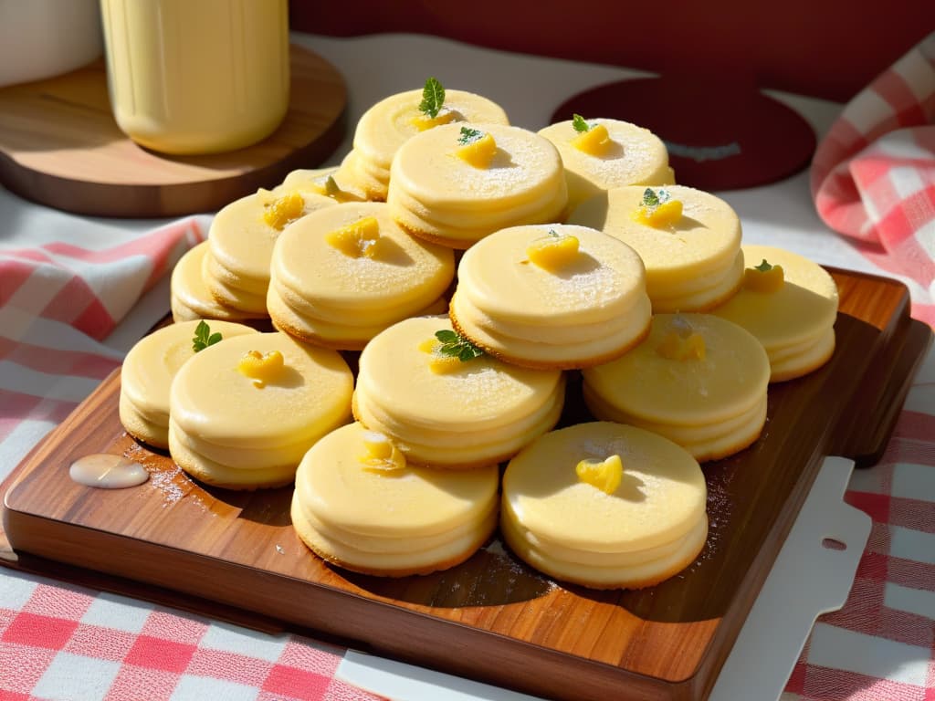  A closeup, photorealistic image of freshly baked lemon glazed cookies arranged on a rustic wooden cutting board. The cookies are golden brown with a glossy, translucent lemon glaze dripping down the sides, glistening under a soft, natural light. The background shows hints of a cozy kitchen setting with a hint of a floral tablecloth peeking through. Each cookie is decorated with delicate lemon zest sprinkles, exuding a warm, inviting aroma. hyperrealistic, full body, detailed clothing, highly detailed, cinematic lighting, stunningly beautiful, intricate, sharp focus, f/1. 8, 85mm, (centered image composition), (professionally color graded), ((bright soft diffused light)), volumetric fog, trending on instagram, trending on tumblr, HDR 4K, 8K