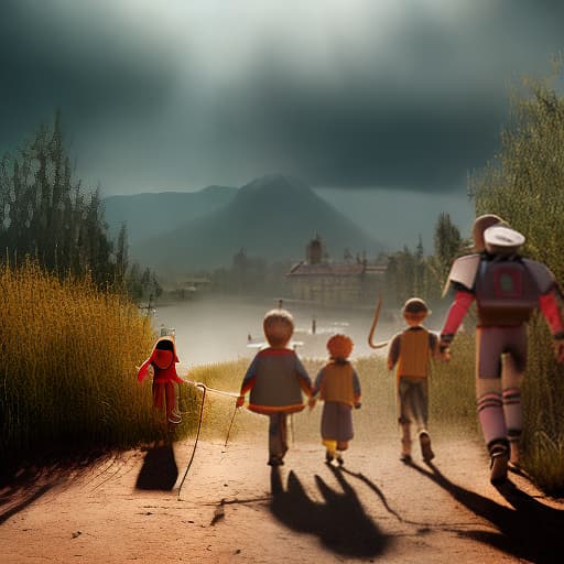 redshift style a pixar poster presenting a group of kids, marching forward against a war-torn landscape with a Pixar touch.