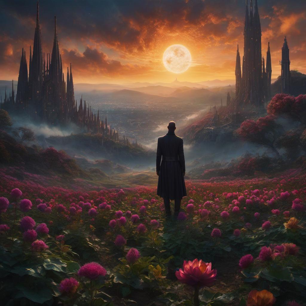  (stylized by Tomasz Alen Kopera:1.3) , dark art, dense flower field and Perseid meteor in background, landscape of a (Barcelona:1.2) , very Bizarre and 1600'S, Hurricane, Glitchcore, Amaro, layered textures, ornate, intricate artistic color, complimentary colors, very inspirational, atmosphere, fine artistic composition, sunny, theatrical hyperrealistic, full body, detailed clothing, highly detailed, cinematic lighting, stunningly beautiful, intricate, sharp focus, f/1. 8, 85mm, (centered image composition), (professionally color graded), ((bright soft diffused light)), volumetric fog, trending on instagram, trending on tumblr, HDR 4K, 8K